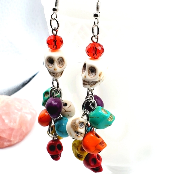 New natural stone day of the dead skull colorful earrings long - Picture 2 of 12